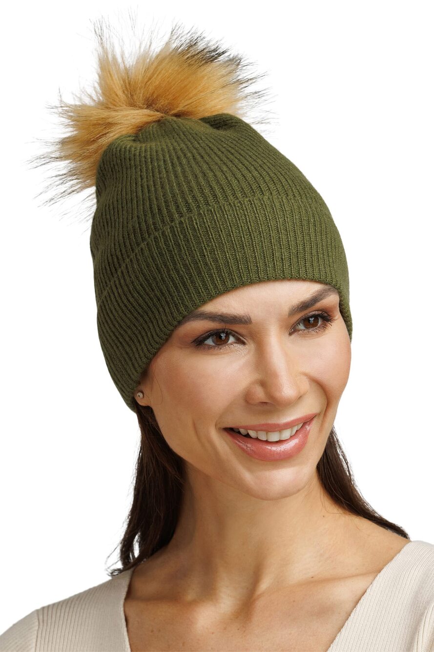 9285 100% Cashmere Cuffed Pom Beanie with Faux Fur; Ultra Soft